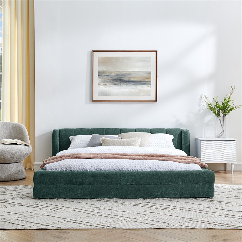 Queen Size Grounded Platform Bed with Upholstered Wingback Headboard,Solid Frame