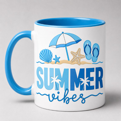 Summer Vibes Beach Accent Mug 11oz Flip Flops Vacation Coffee Cup Gift