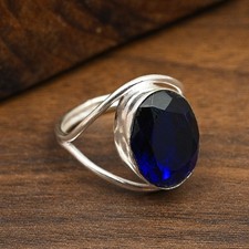 Lab-Created Blue Sapphire Gemstone 925 Sterling Silver Jewelry Handmade Ring