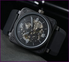 Orologio Uomo Meccanico Automatico Campana Pelle Marrone Nero Ross Gomma 46mm