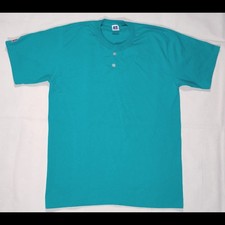 Vintage 90s Russell Athletic Henley Shirt L Teal Turquoise Blank Made in USA...