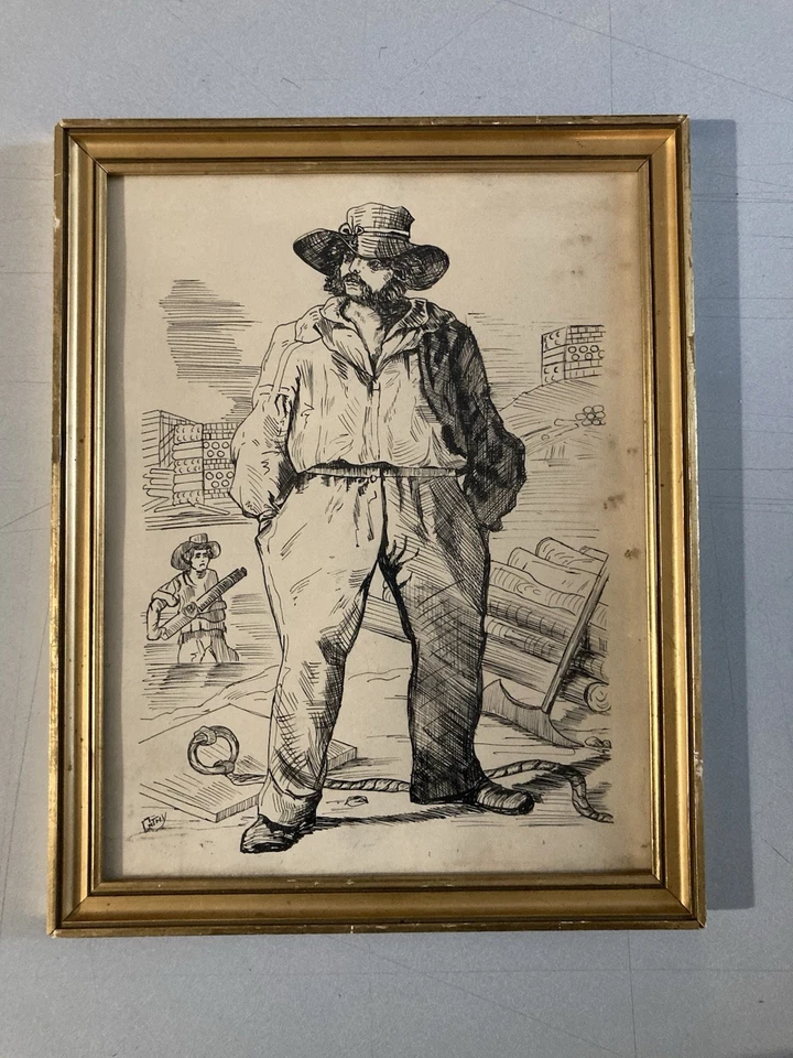 Très Beau Dessin Encre Portrait Homme Le Chourineur 1950 A Identifier Ancien Art - Photo 2/4