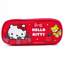 Hello Kitty Pencil Case Red Apple Canvas 2-Zipper Pouch Bag NEW