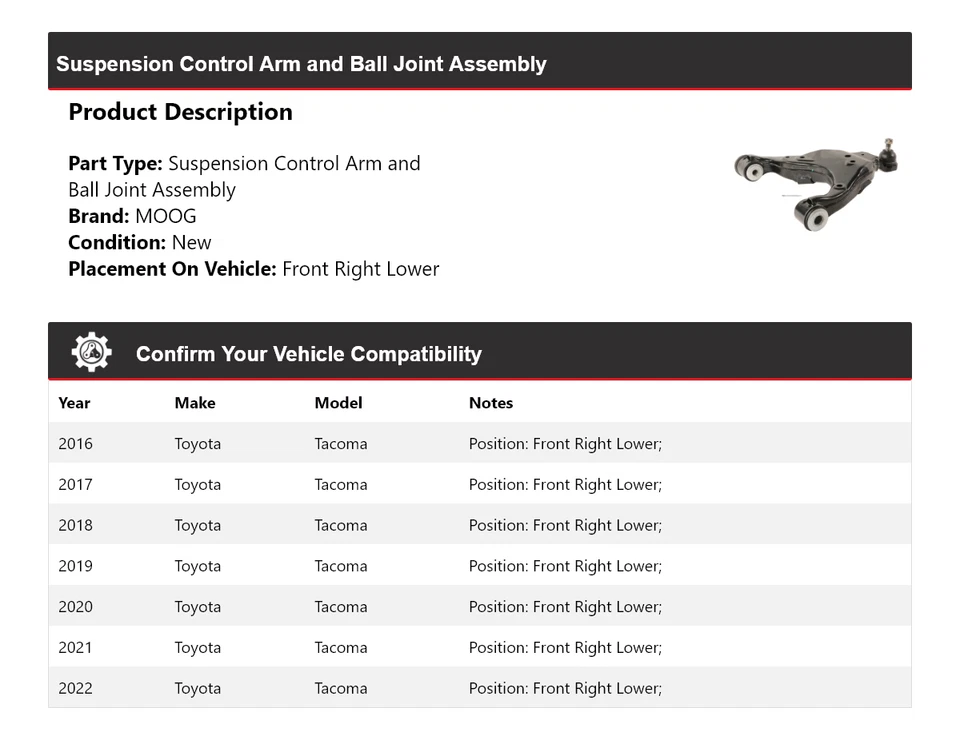 Conjunto de rótula de brazo de control inferior delantero derecho para Toyota Tacoma 2016-2022  Foto 2 de 4