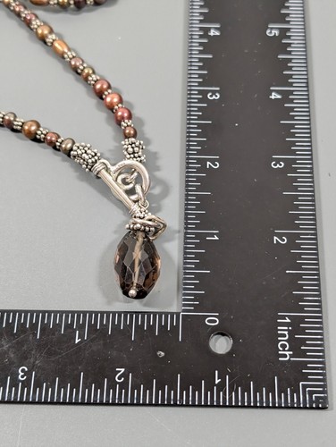 Golden Gray Pearl Smokey Quartz Pendant Beaded Sterling Clasp Toggle Necklace - Picture 9 of 9