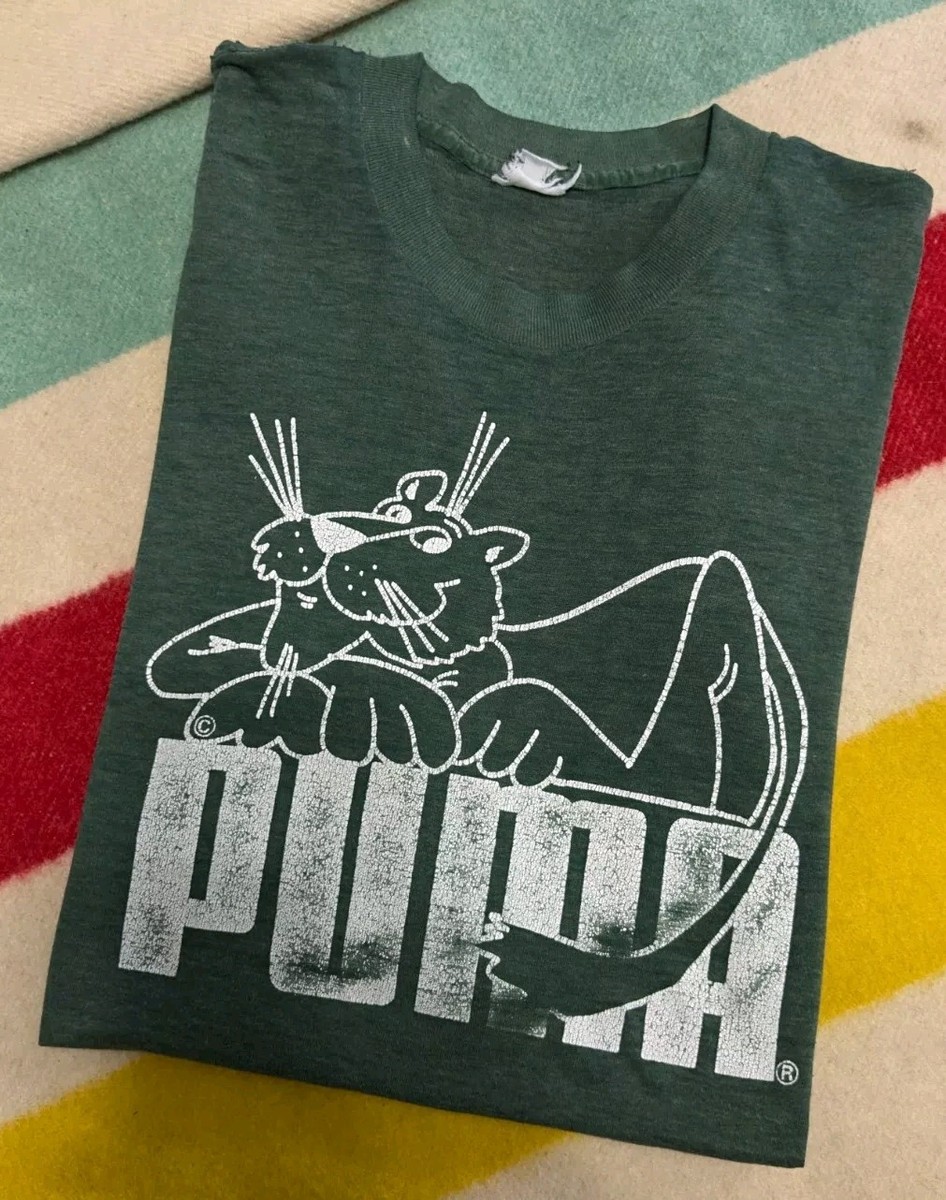 VTG 70s 80s Puma USA Cartoon Spellout Logo Paper Thin Pine Green T 