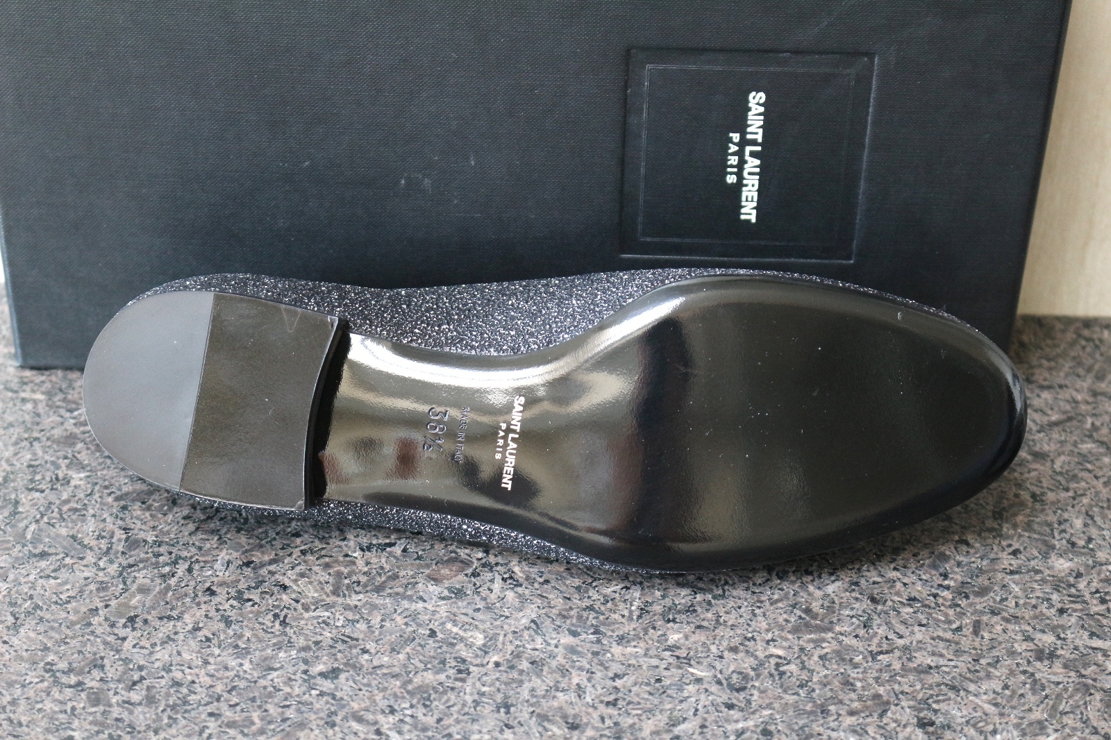 SCARPE PIATTE SMOKING NUOVE CON SCATOLA YSL SAINT LAURENT PARIS ZUCCHERO CHANGY BLK LUNA GLITTER 38 5