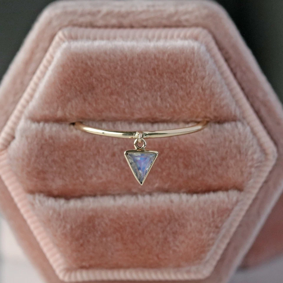 Solitaire Triangle Drop Moonstone Thin Band Ring, 14k Gold Dainty Stackable Ring - Image 4 of 4