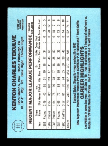 1986 Donruss #111 Kent Tekulve Philadelphia Phillies - Bild 2 von 2