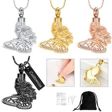 Stainless Steel Sunflower Butterfly Urn Pendant Necklace for Cremation Ashes