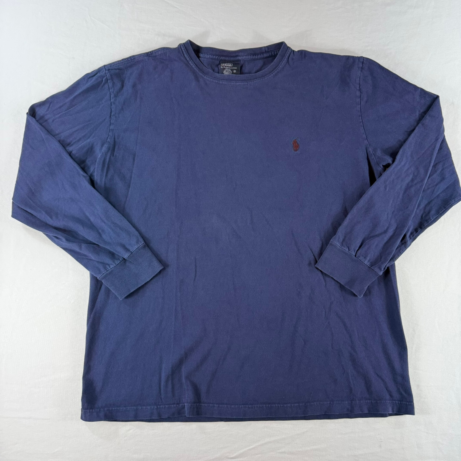 Polo Ralph Lauren camicia manica lunga uomo blu medio girocollo rosso pony cotone