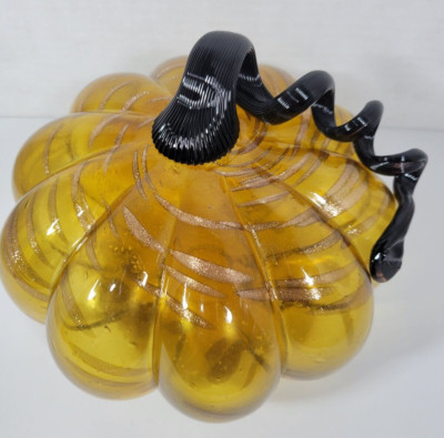 7'' Blown Glass Pumpkin Black Curly Stem Amber Glitter Swirl