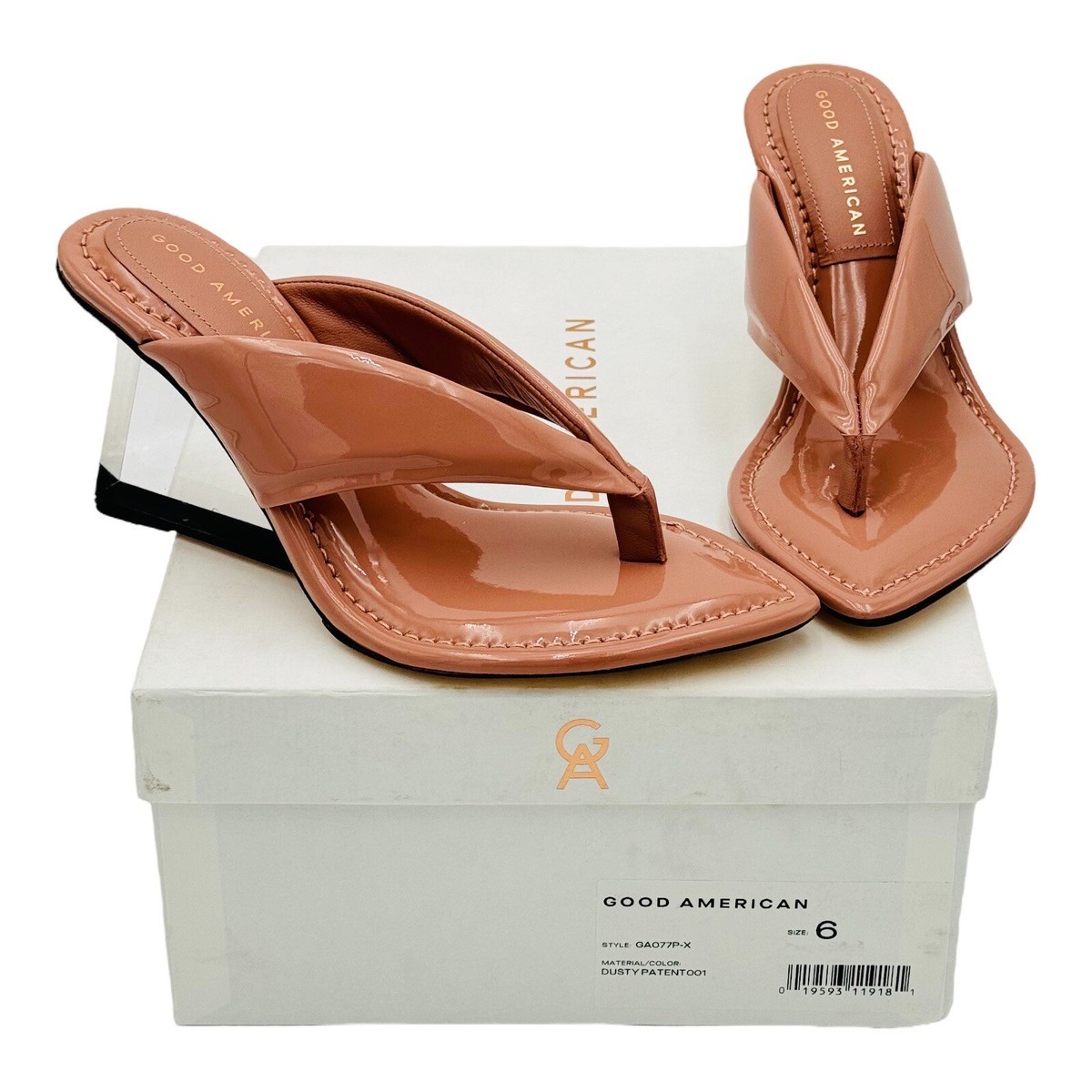 Good American Clear Wedge Heel Dusty Pink Patent Thong Sandal