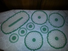 NEW CROCHETED 9 PC GREEN DOILY 6-1/2x 12-1/2 OVAL 7-1/4 ROUND 3-1/2 MADE IN USA