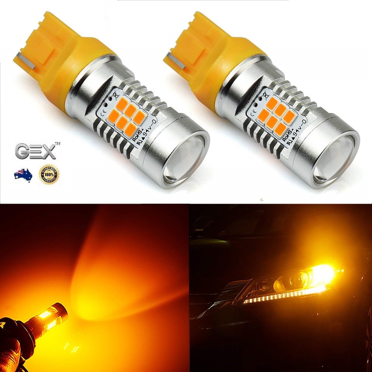 GEX Super Bright T20 WY21W 7440 Wedge Amber 105 LED Indicator Lights - 2 Pack