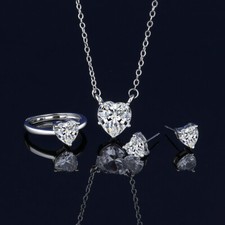 Women's Love Heart Cubic Zirconia Crystal Ring Stud Earring Necklace Jewelry Set