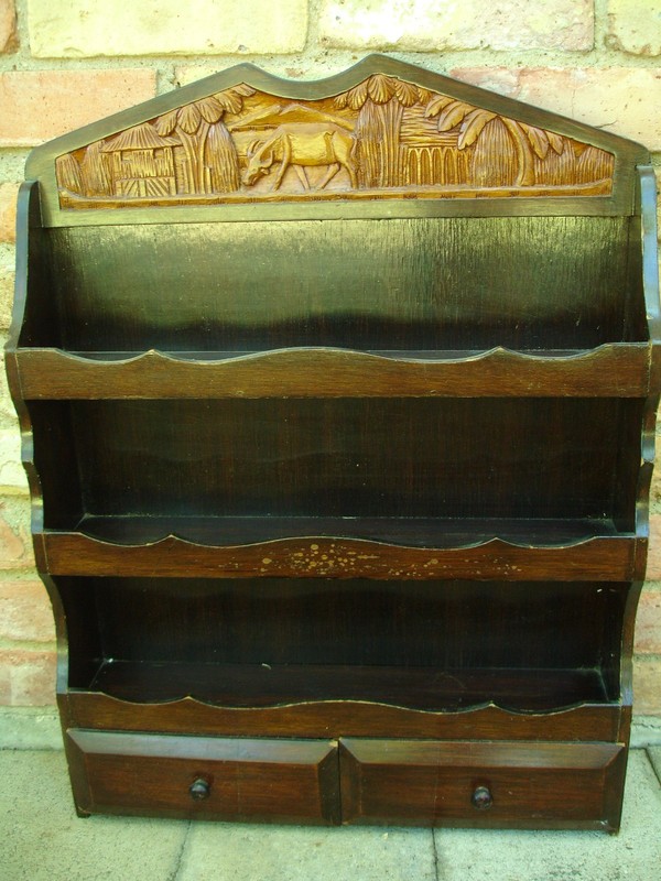 Wall Shelf w Carved Water Buffalo Huts Tropical Trees 3 Shelf 2 Drawer 18" x 24"