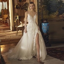 Vintage A-Line Wedding Dresses Spaghetti Straps High Slit Appliques Bridal Gowns