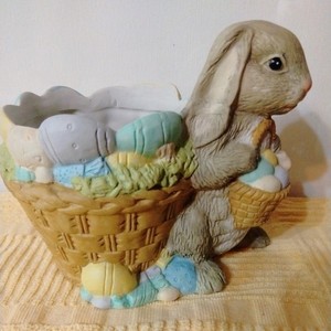 Vintage Ceramic Easter Egg Basket Planter Bunny Rabbit 6" W 4.5" H Pastel Colors