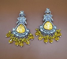 Chandbali Earrings Silver Tone with Yellow beads& Marbled - Indian Jumka