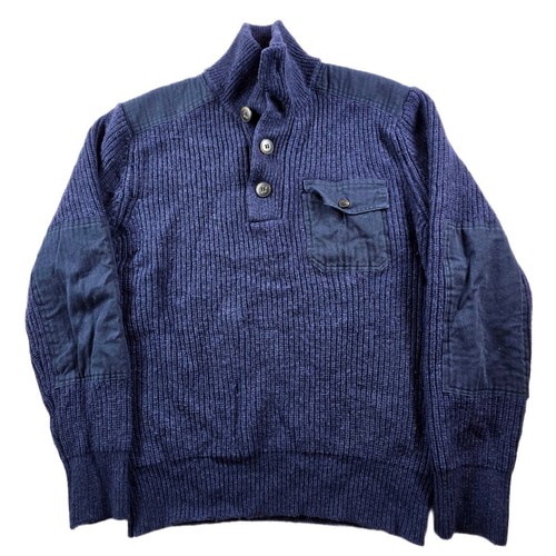 Schott, Vintage Schott Military Sweater Mens Large Navy Blue Ribbed Knit Elbow Patches
