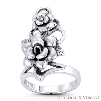 Rose Blume Liebe Romantik Charm Boho rechte Hand langer Ring in .925 Sterling Silber
