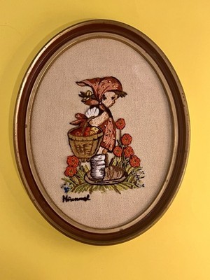 Vintage Framed Embroidery Hummel Girl With Flower Basket