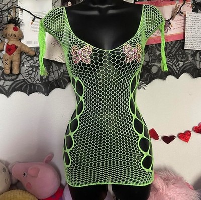 Women s Fishnet Bodycon Mesh Body Dress Dancer Stripper Party Outfit Green NEW