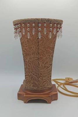 Vintage Jacquard Fabric Inverted Lamp with Beaded Accents Copper Color Base Work