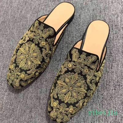 Summer Spring Fashion Men's Show Slip On Loafers Mules Slides Embroidery Flower