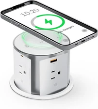4" Pop Up Countertop Outlet 4 AC 4 USB 20W Wireless Charger Surge Protected