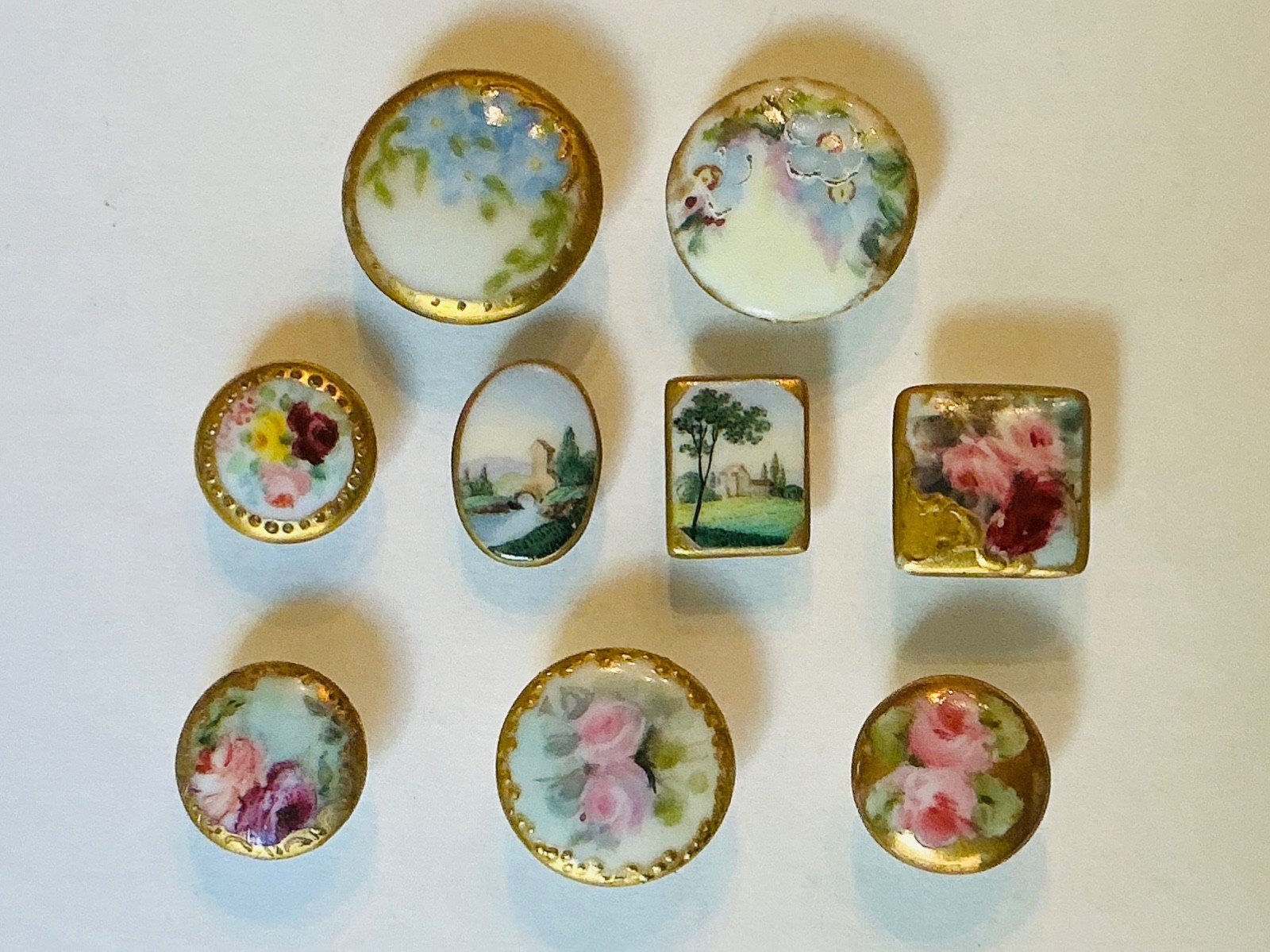 Lot of 9 Antique Victorian Hand Painted Porcelain  Button/studs-round,oval,sq.