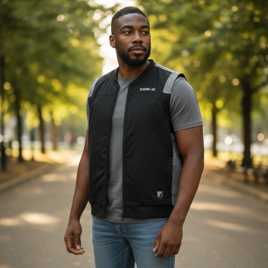 Rank 45 Men’s XXL Starburst Bomber Vest Full Zip Black, Gray, Cotton 4 Pockets