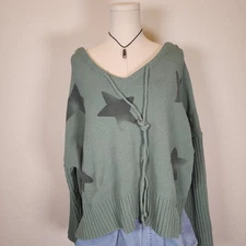 POL Star Print Distressed Knit Hooded Sweater Olive Green Oversized Medium