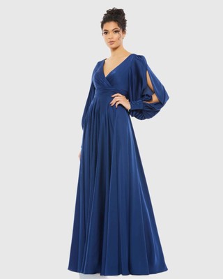 IEENA FOR MAC DUGGALNavy Flowy Split Bishop Sleeve Faux Wrap Gown Size 4 #67847