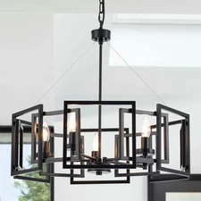 Industrial Style Chandelier, with Matt Black Finish Geometric Shade Pendant L...