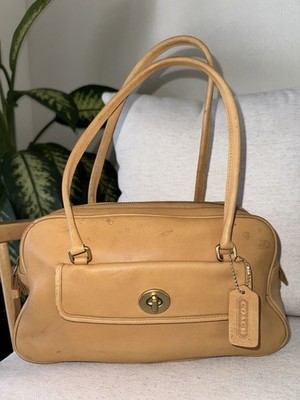 Vintage Coach Penelope Tan Camel Leather Turnlock Satchel Handbag 