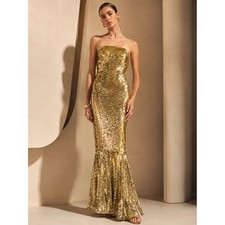 ASOS Gold Sequin Strapless Fishtail Mermaid Event Dress Evening Gown NEW NWT