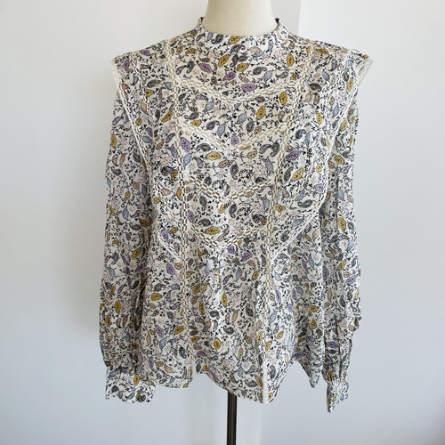 Witchery Blouse Size 14 Floral Print Lace Trim Blouson Long Sleeve 100% Cotton - Picture 7 of 21