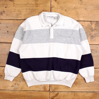 Vintage Startpunkt Sweatshirt L Herren 80er Colorblock Polokragen Knopf weiß