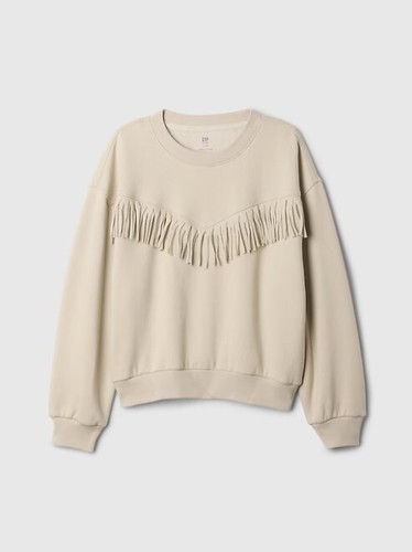 New Gap Kids Sweatshirt Sz 12 Stone Beige Fringe Long Sleeve - Picture 5 of 5