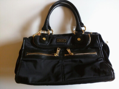 DKNY Black Nylon Leather Trim Front Pockets Top Handle Bag Excellent Condition