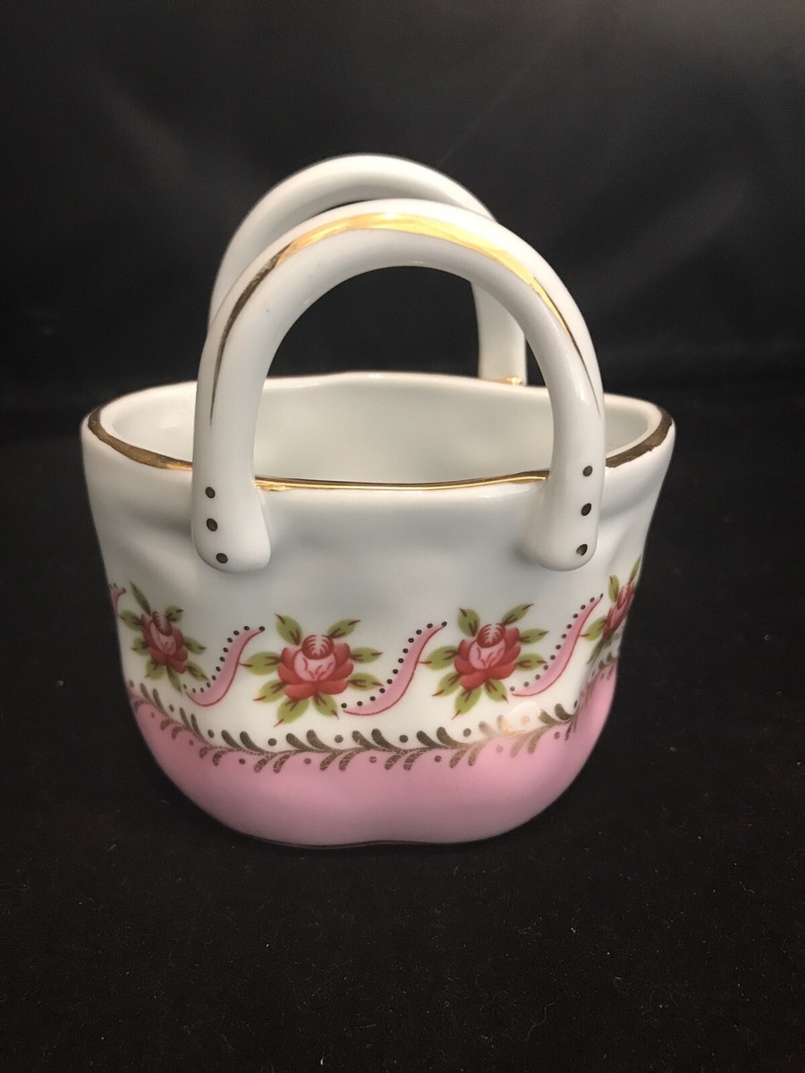 Nantucket Mini Porcelain Floral Basket W/ Pink Roses and Gold