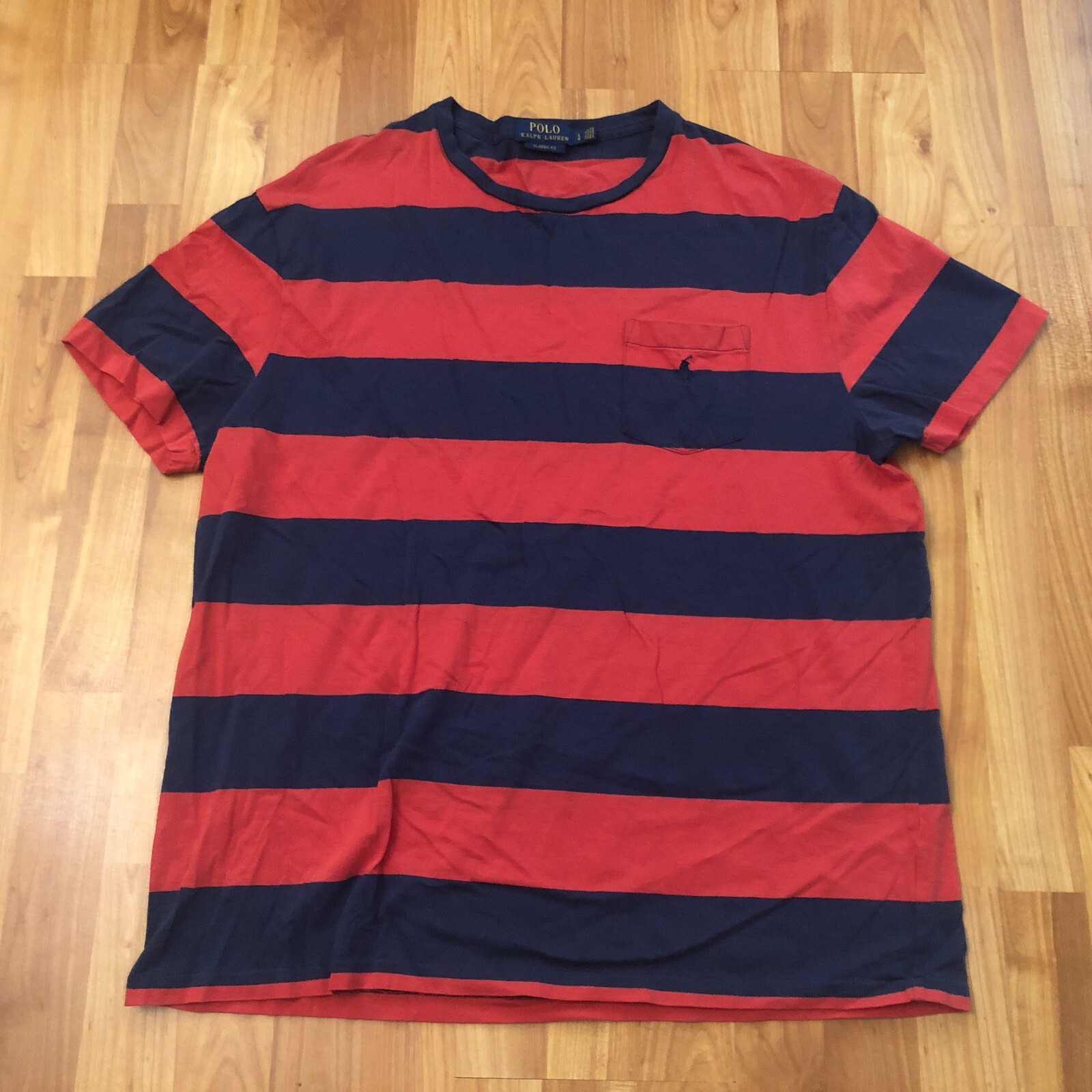 Polo uomo Ralph Lauren vestibilità classica rossa blu a righe tasca pony logo t shirt L