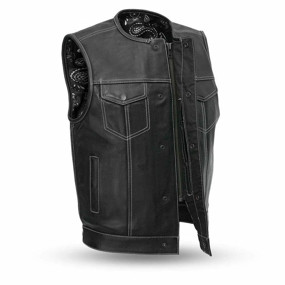 Mens Collarless Paisley Bandana Liner SOA Leather Vest Gun Pocket Blk