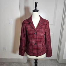 Talbots Wool Blazer Suit Jacket Women 4 P Petite Wool Blend Red Black Plaid