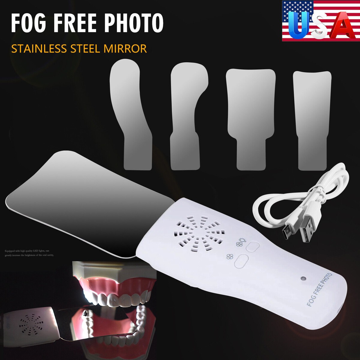 Dental Anti-Fog LED Occlusal Mirror Set - 4 Mirrors For Intraoral Photos & Exams