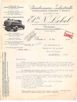 Invoice.AM19990.Pantin.1946.N Lebel.Industrial boilermaking.Steam factory