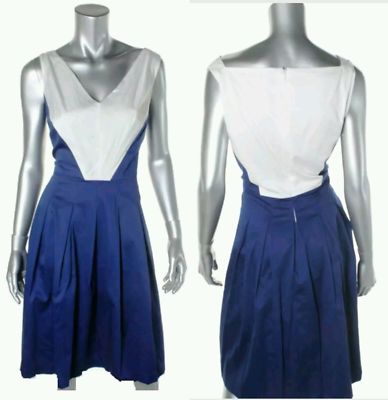$129 ANNE KLEIN Blue White ColorBlock Cotton Fit Flare Vneck D2N Dress ~ 8  M3020 | eBay
