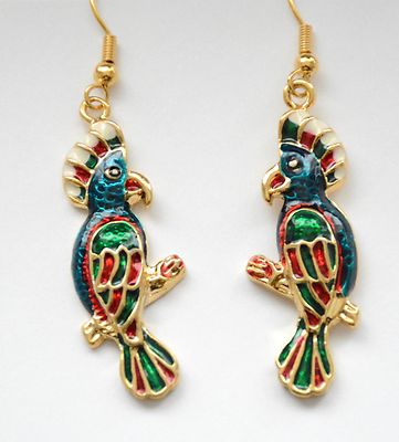 Mardi Gras Parrot Earrings / Dangling Fish-hook / Gold-tone / Fat Tuesday